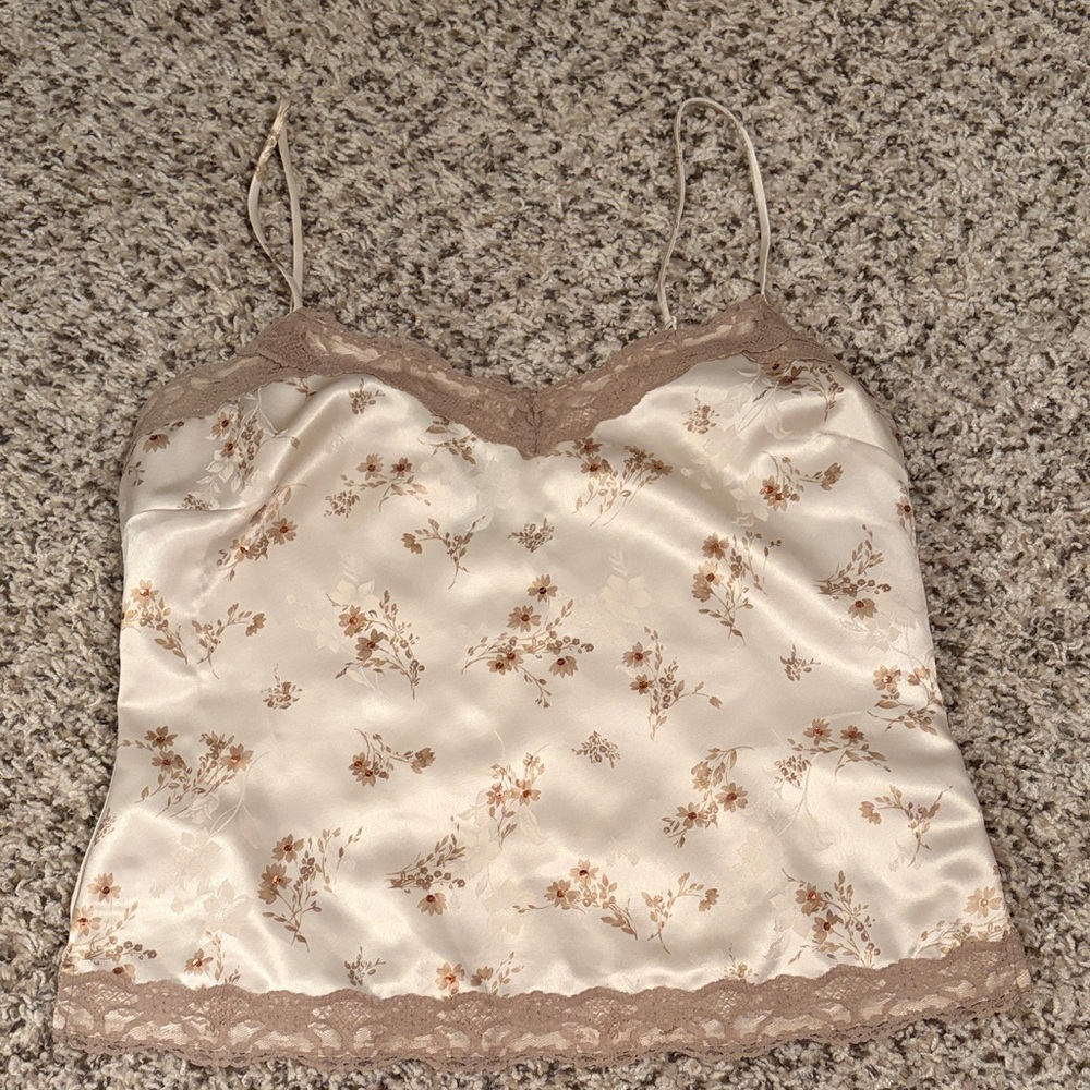 Axcess Cream Satin Floral Lace-Trim Cami